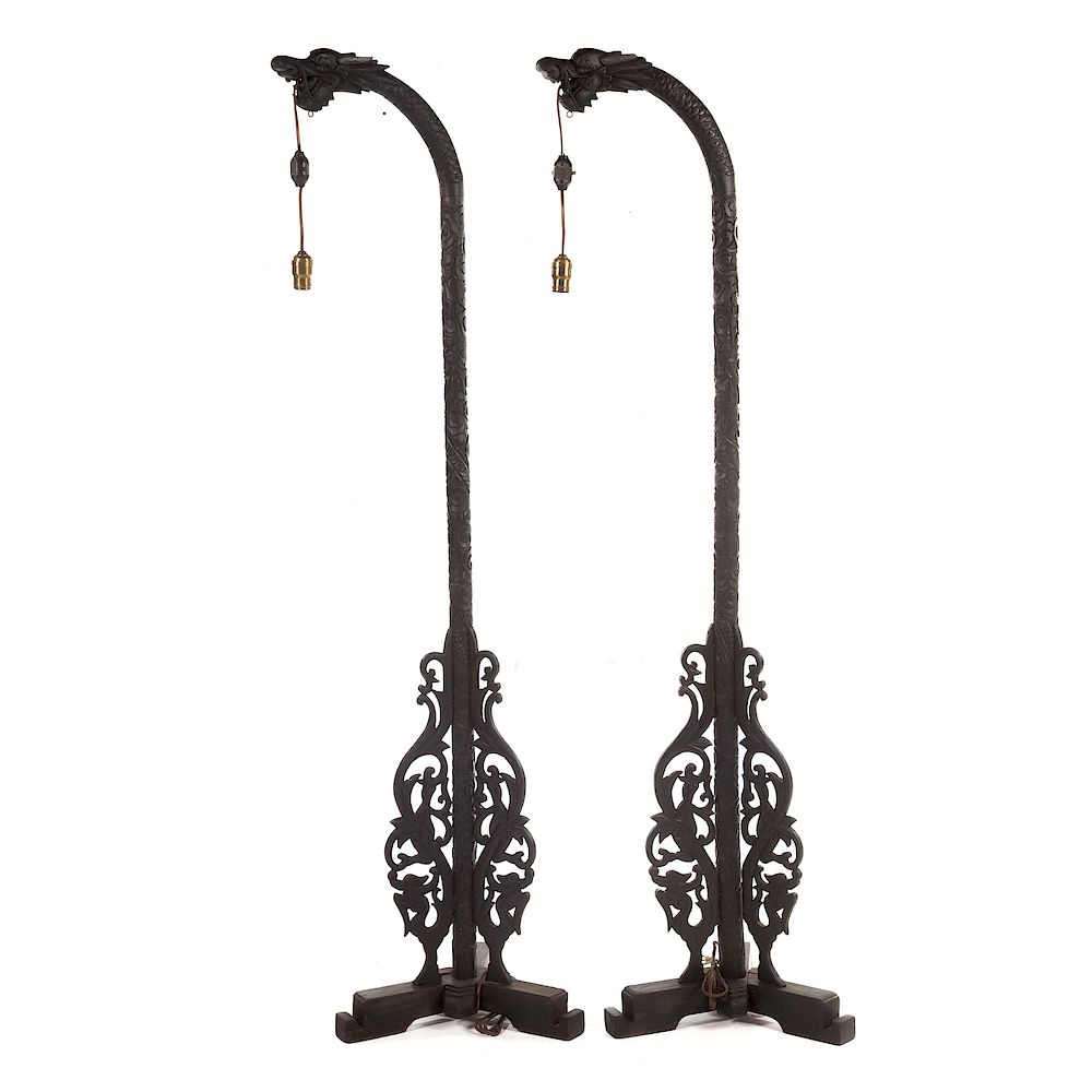 Appraisal: Pr Chinese Style Carved Wood Art Deco Floor Lamps circa