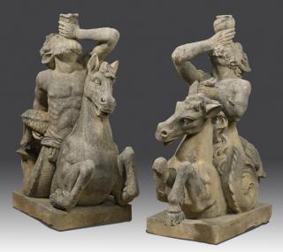 Appraisal: Italian carved limestone Tritons h Pair of Italian carved limestone