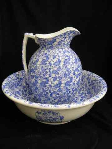 Appraisal: English Ironstone Pitcher Bowl Set blue overall vine decor ''