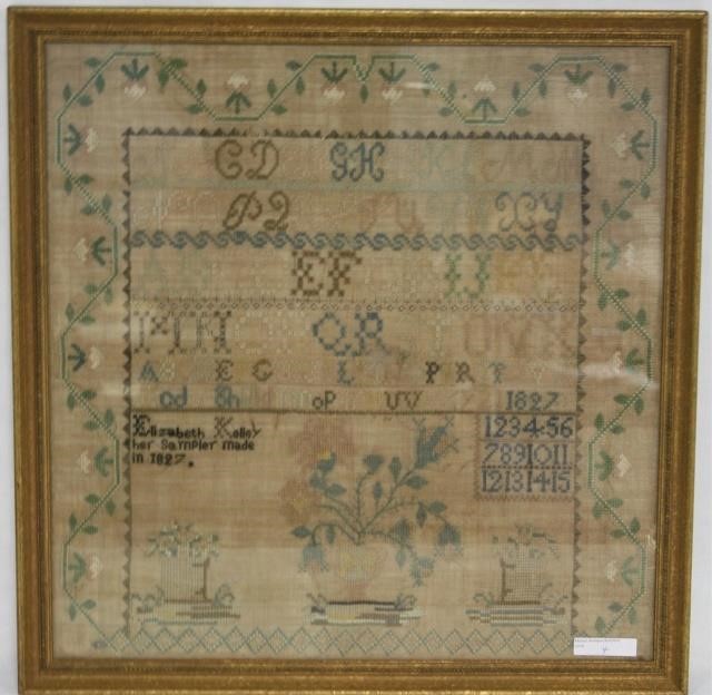 Appraisal: AMERICAN NEEDLEWORK SAMPLER WROUGHT BY ELIZABETHKELLY DATED IN TWO PLACES