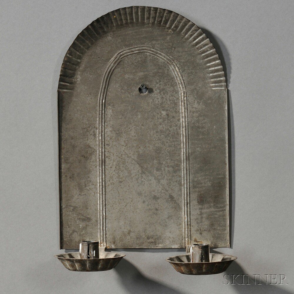 Appraisal: Embossed Tin Two-light Candle Sconce America early th century pierced