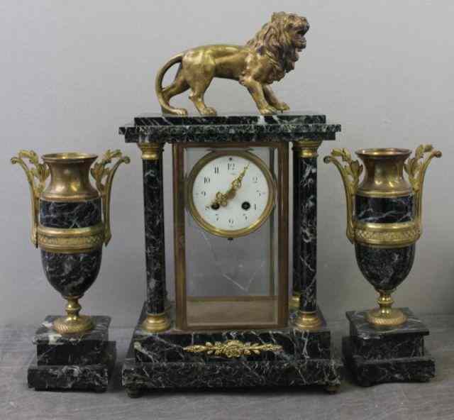 Appraisal: Piece Marble and Bronze Clock Garniture Set From a Garden