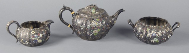 Appraisal: Gorham Sterling Cloisonne Teapot Sugar CreamerCirca Marked with the Gorham