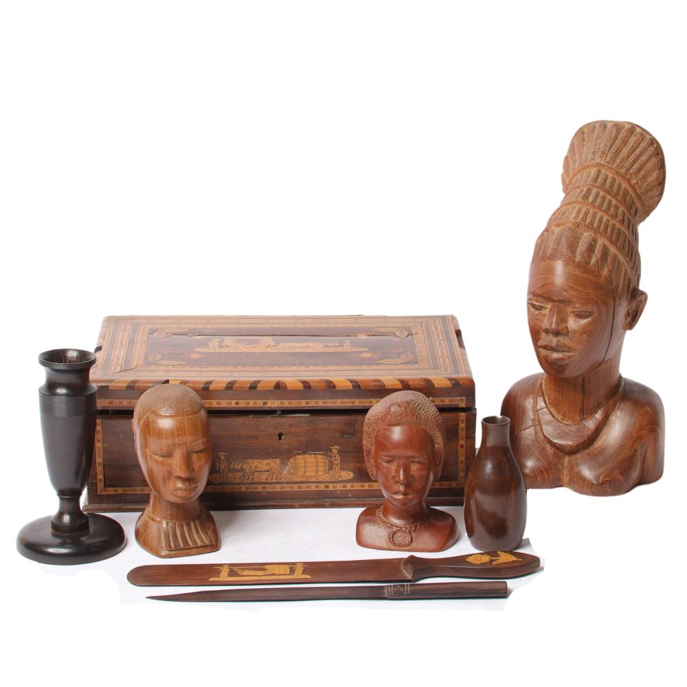 Appraisal: AFRICAN FOLK ART PC CARVED WOOD INLAID WRITING DESK BOX