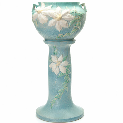 Appraisal: ROSEVILLE Blue Clematis jardiniere and pedestal set - Raised mark