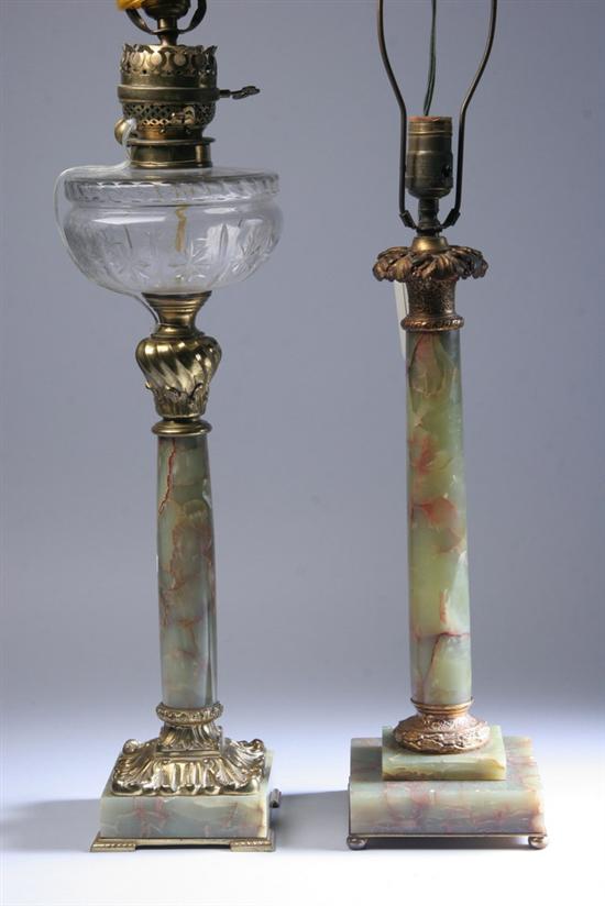 Appraisal: TWO GREEN ONYX COLUMNAR-FORM TABLE LAMPS early th century With