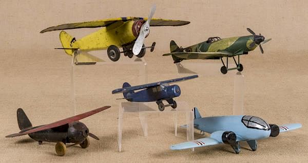 Appraisal: Five tin and wood airplanes to include an Englis Five