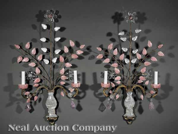 Appraisal: A Pair of Rock Crystal and Rose Quartz Two-Light Sconces