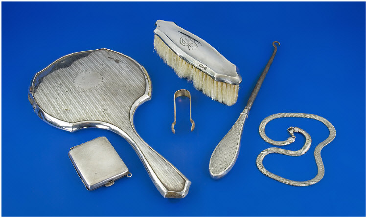 Appraisal: Collection of Silver Items silver hand mirror silver clothes brush