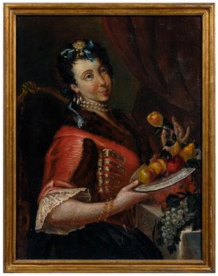 Appraisal: th century portrait woman holding pear tray with apples and