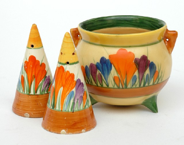 Appraisal: A CLARICE CLIFF BIZARRE CROCUS PATTERN HONEY POT AND TWO