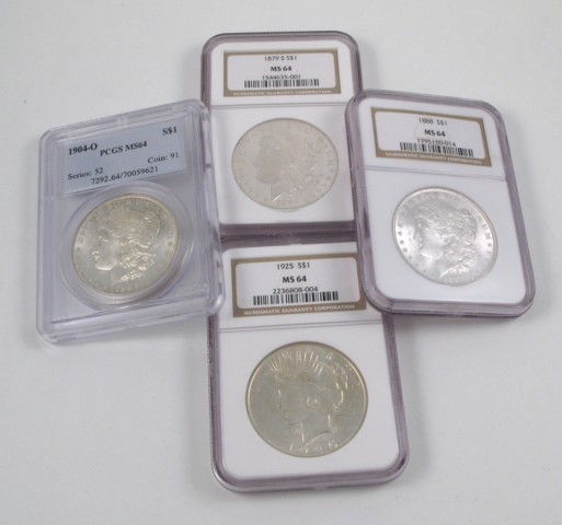 Appraisal: EIGHT U S SILVER DOLLARS The lot includes four slabbed