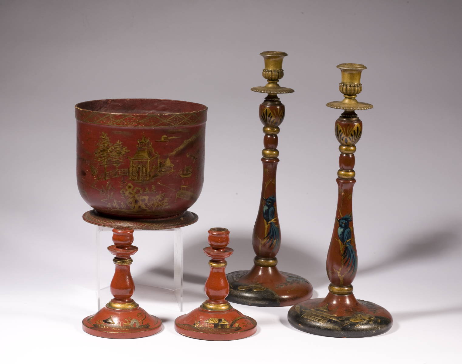 Appraisal: GROUP OF ENGLISH RED PAINTED AND CHINOISERIE DECORATED TABLE OBJECTS