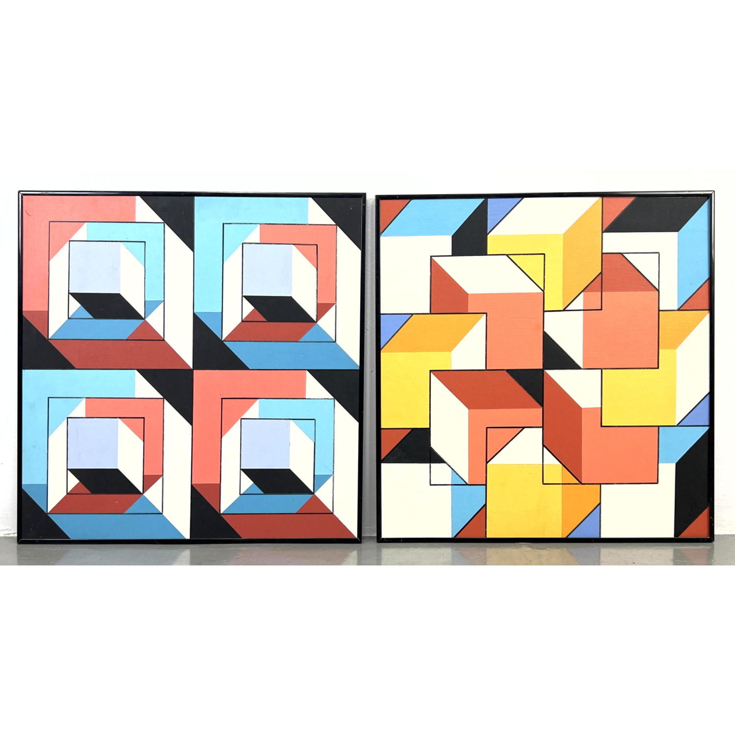 Appraisal: Pair J H HENIG Geometric Acrylic Paintings on Board Op