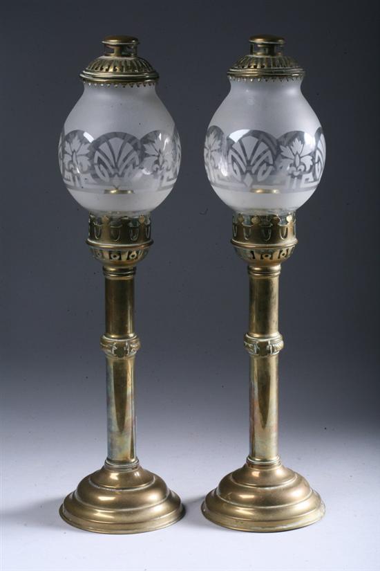 Appraisal: PAIR VICTORIAN BRASS TELESCOPIC OIL LAMPS th century With etched