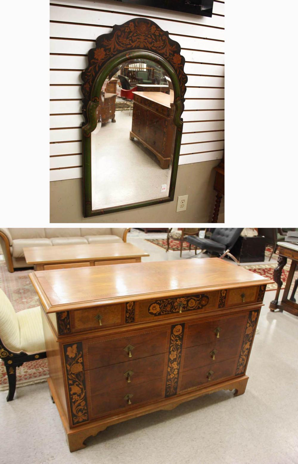 Appraisal: INLAID FOUR-DRAWER CHEST AND MATCHING WALL MIRROR The Empire Mfg