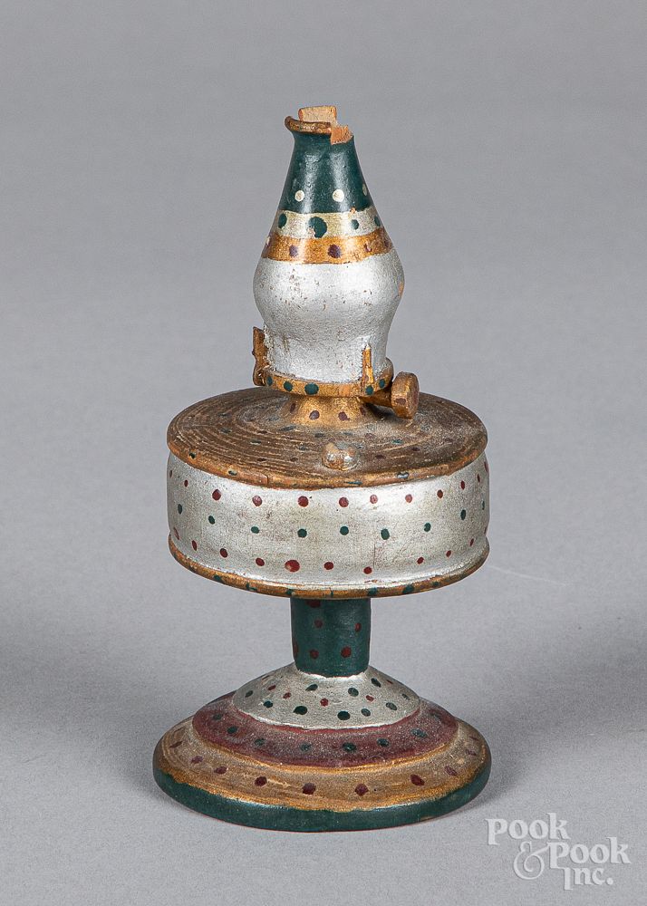 Appraisal: Miniature carved and painted oil lamp Miniature carved and painted