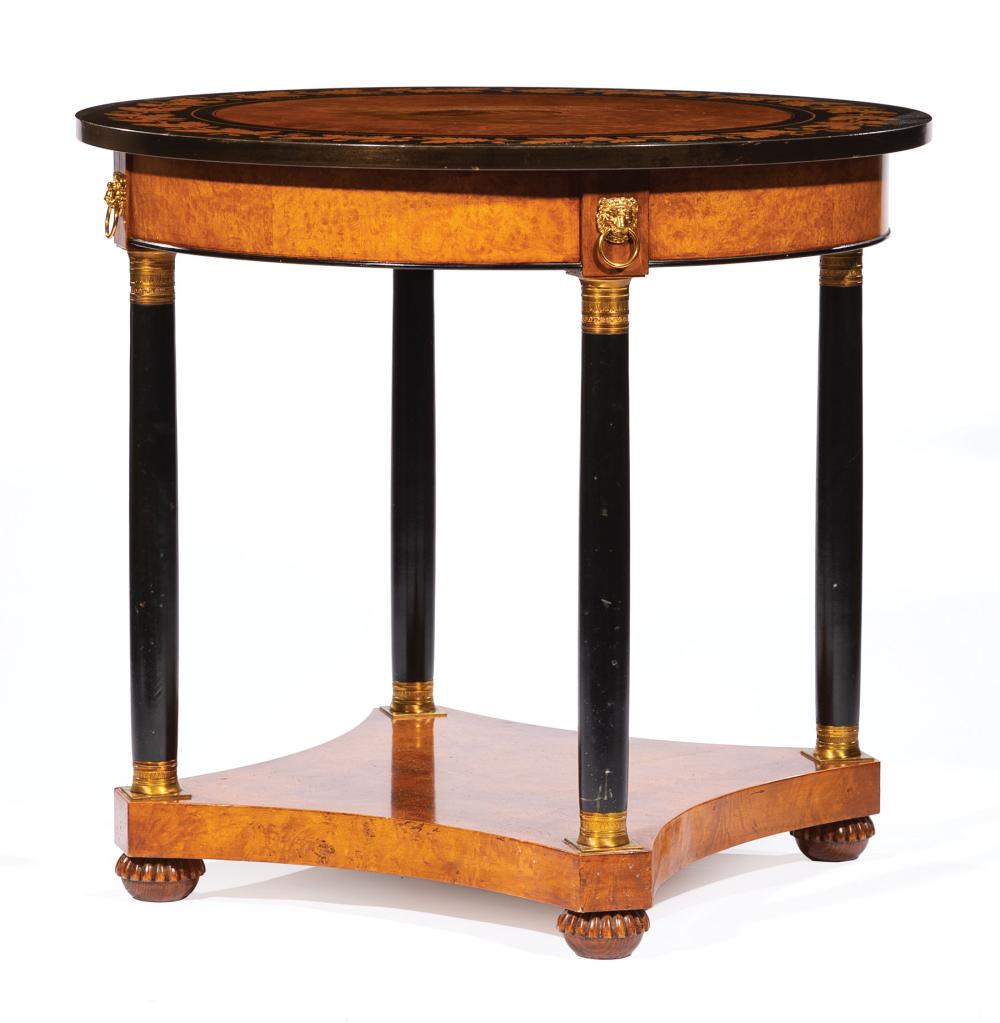 Appraisal: Neoclassical-Style Baker Brass-Mounted Burlwood and Parcel Ebonized Table central architectural