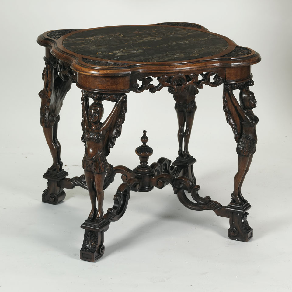 Appraisal: European Carved Walnut Occasional Table inset marble top mid th