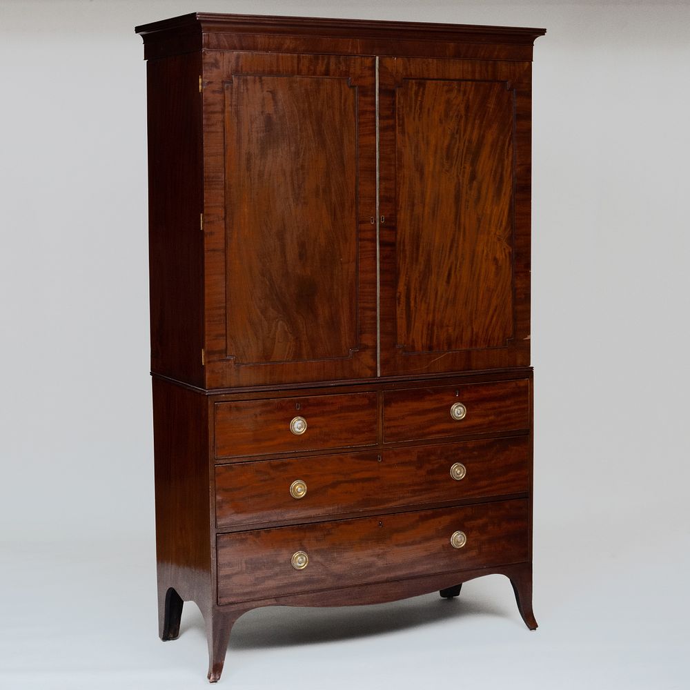 Appraisal: Late George III Mahogany Linen Press In two parts the