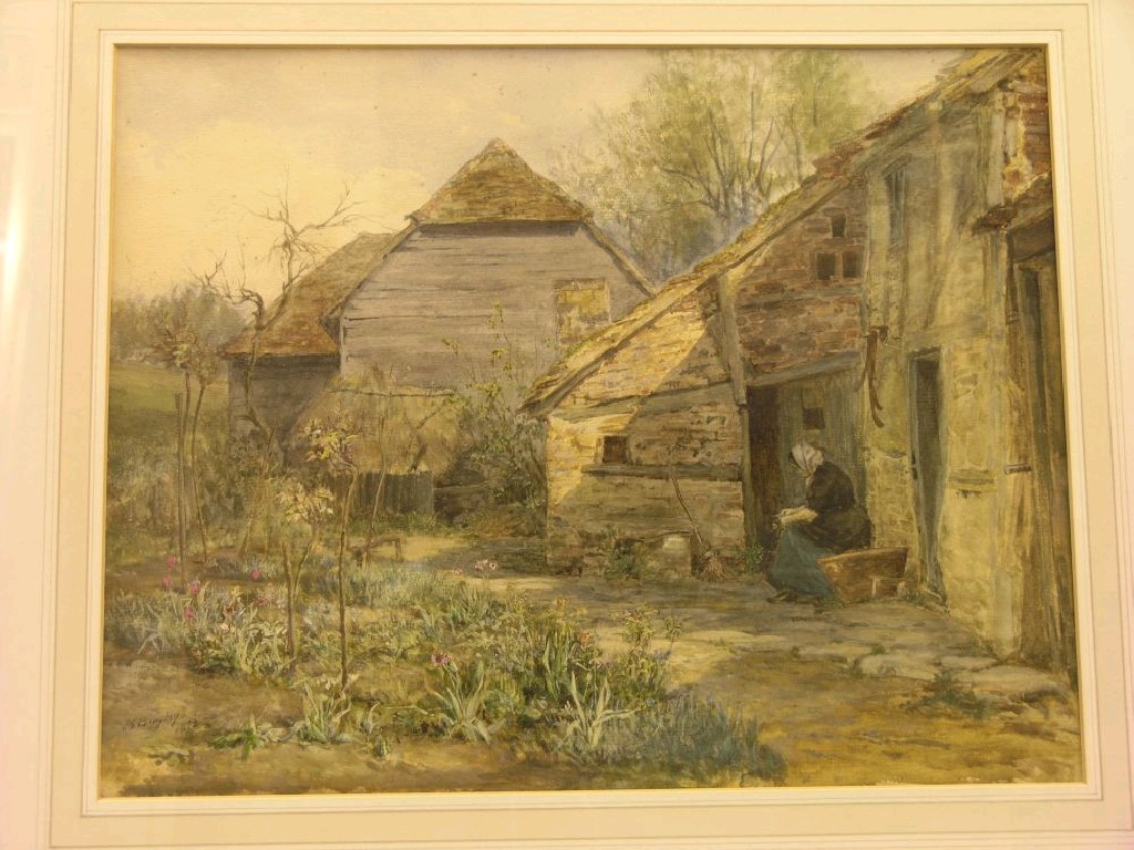 Appraisal: James George Bingley - watercolour lady seated outside farm buildings