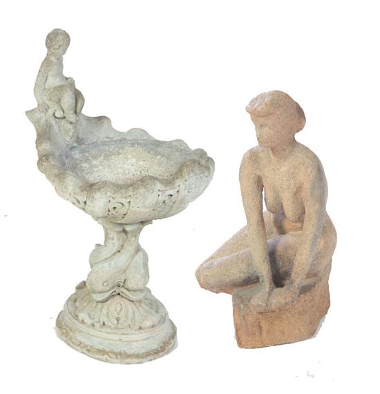 Appraisal: BIRDBATH AND STATUE American th century Concrete shell birdbath with