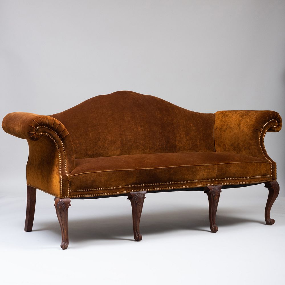 Appraisal: George III Style Mahogany and Velvet Upholstered Sofa x ft