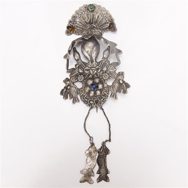 Appraisal: Afghan Tribal jeweled silver peacock with birds figural tribal pin