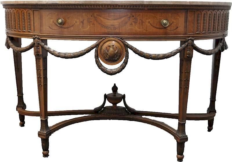 Appraisal: LOUIS XVI MARBLE TOP CONSOLE TABLE A Louis XVI style