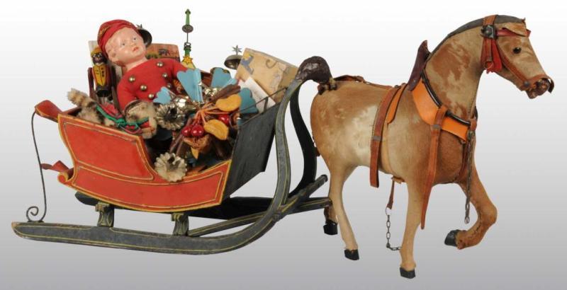 Appraisal: Hide-Covered Horse Pulling Wagon Description Includes miscellaneous Christmas items Condition