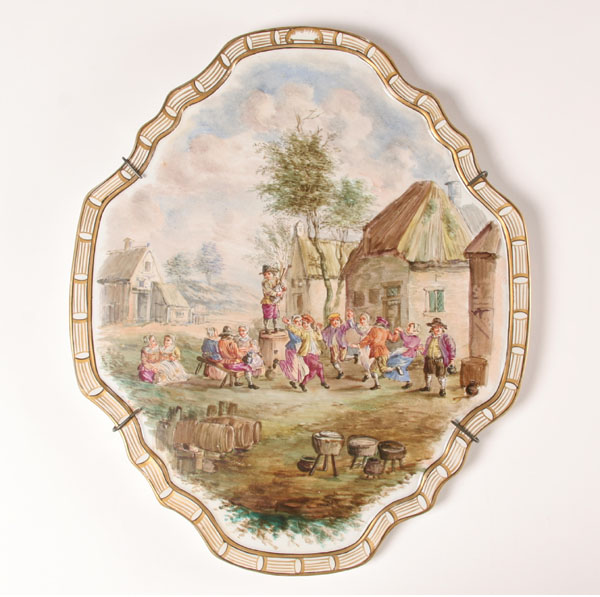 Appraisal: Italian hand painted porcelain plaque depicting a medieval village dance