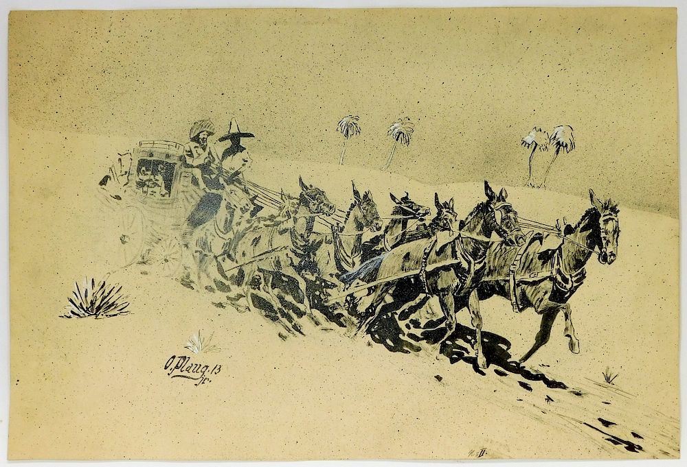 Appraisal: Otto Plaug Western Horse Drawn Buggy Ink Drawing Otto Plaug