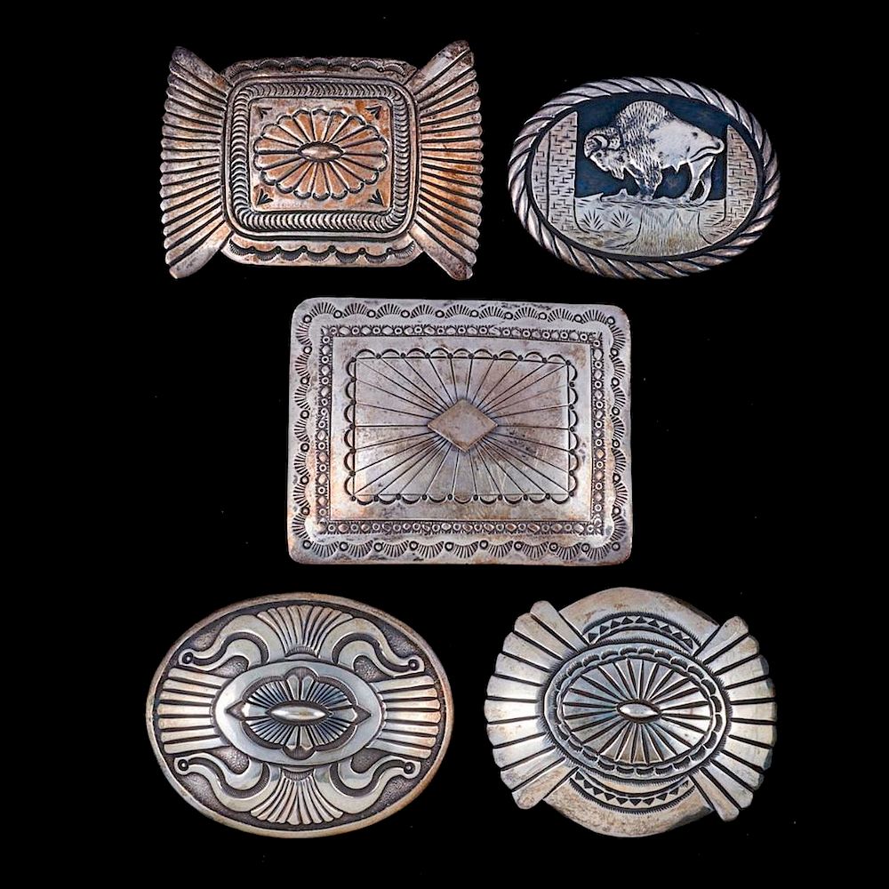 Appraisal: NAVAJO SILVER BELT BUCKLES Five Vintage old pawn Southwest Silver