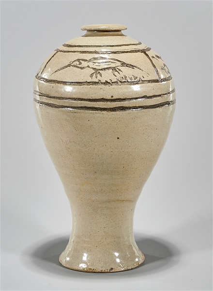 Appraisal: Korean glazed and incised meiping vase depicting birds and flowers