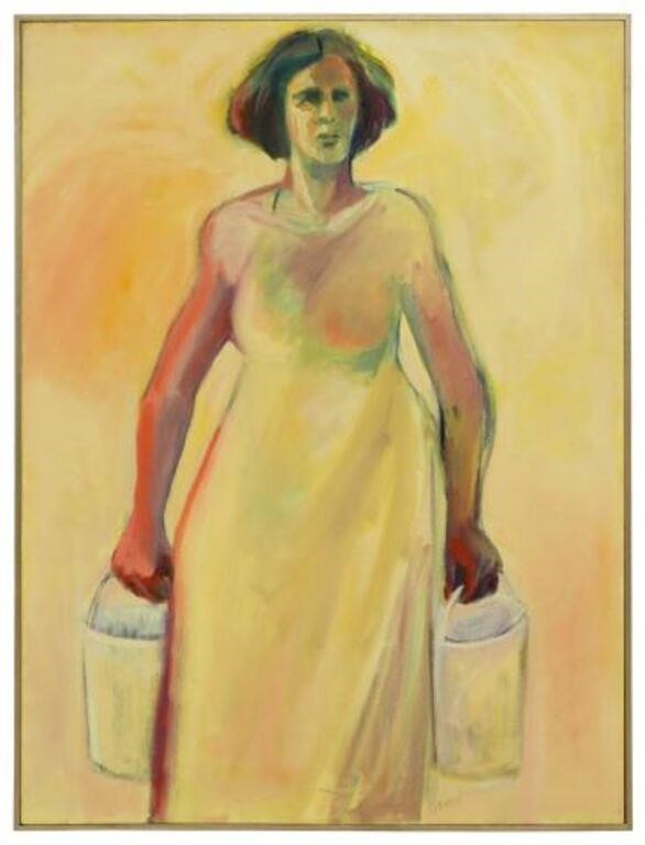 Appraisal: MARGARET RATELLE - WOMAN WITH PAILSFramed oil on canvas painting