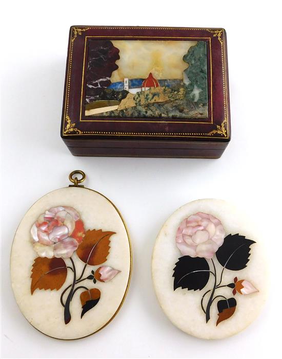 Appraisal: Pietra dura three pieces leather box with Italian duoumo cathedral