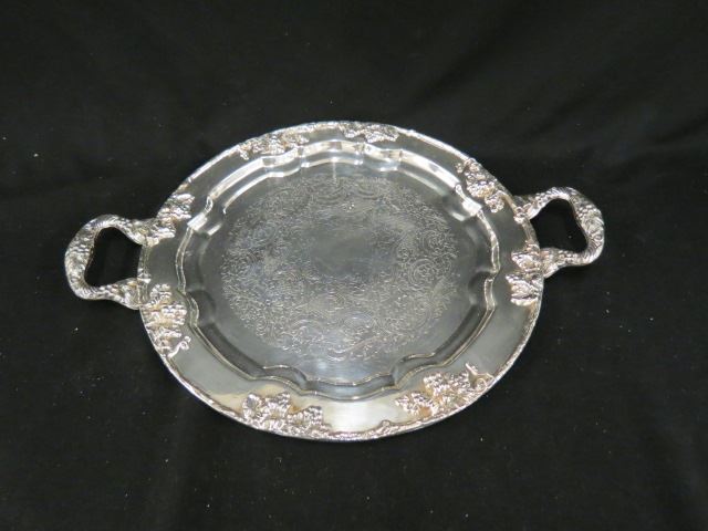 Appraisal: Silverplate Round Serving Tray vintage grape vine plus handle