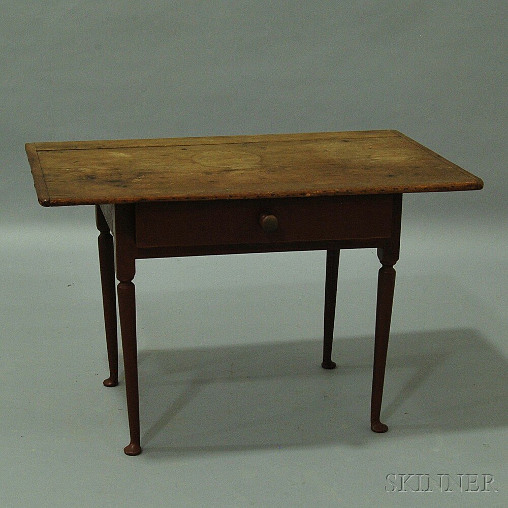 Appraisal: Red-painted Tavern Table the overhanging rectangular top with breadboard ends