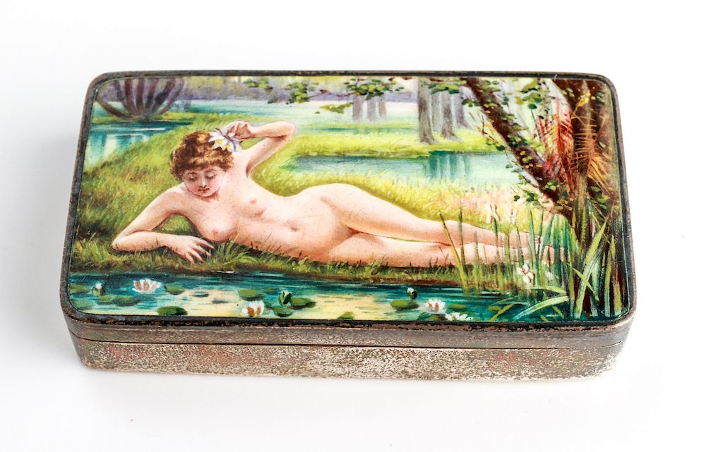 Appraisal: Silver Enamel Erotic Nude Woman Snuff Box Sterling silver and