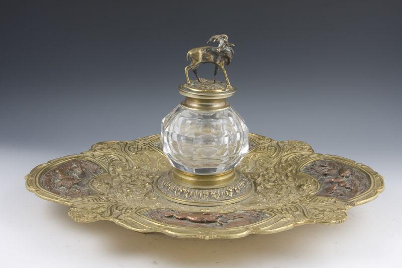 Appraisal: Continental Gilt Bronze Copper Inkstand ca exceptional the shaped footed