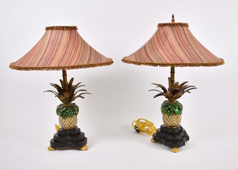 Appraisal: PAIR OF ENAMELED METAL PINEAPPLE-FORM LAMPSFrederick Cooper Each realistically cast