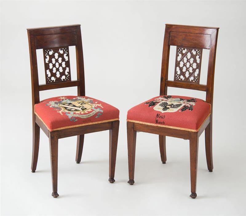 Appraisal: PAIR OF DIRECTOIRE MAHOGANY CHAISES LA REINE With replaced back