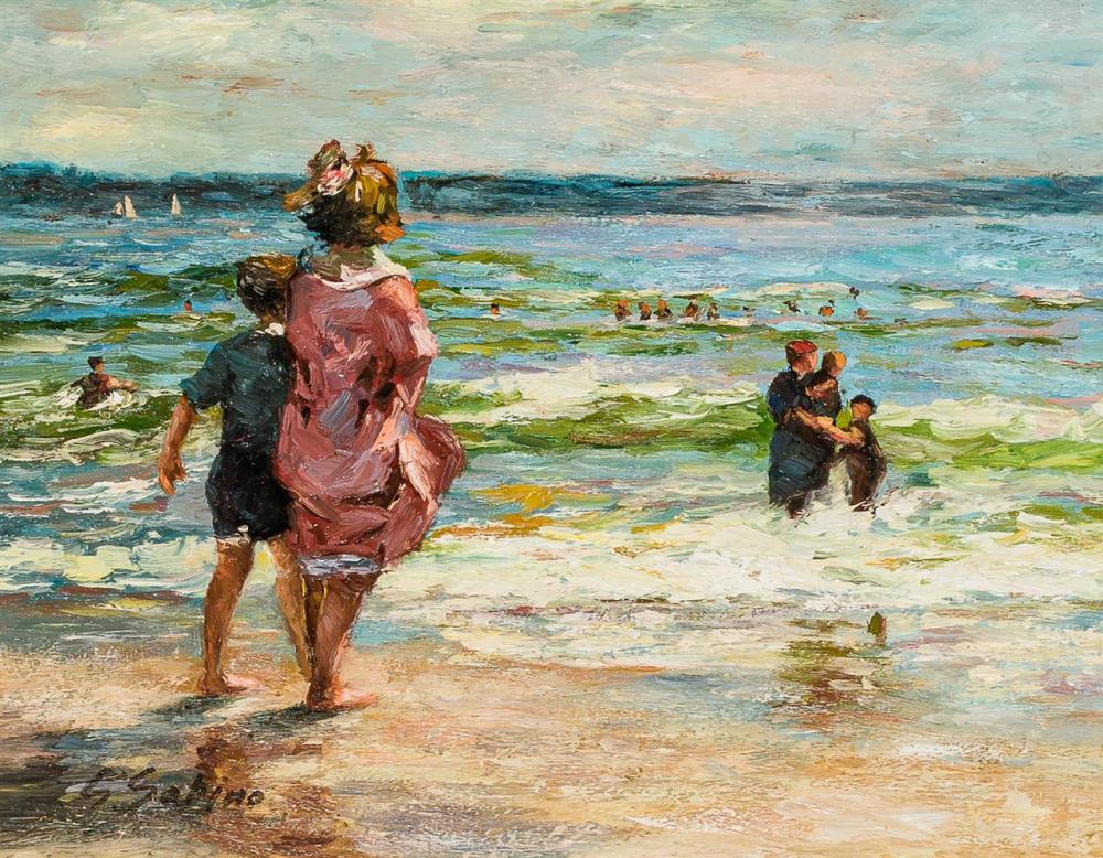 Appraisal: S SABINO th century Playing at the Shore oil on