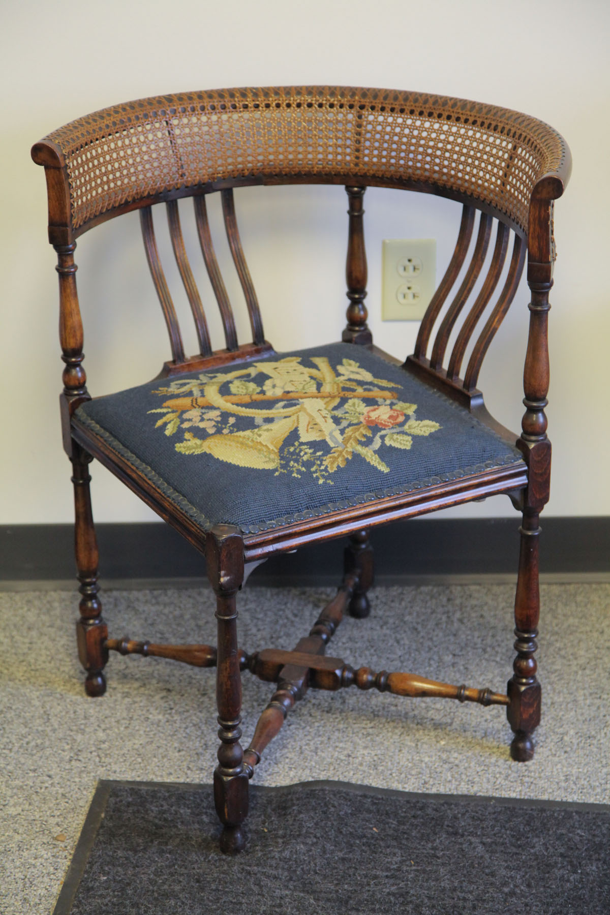 Appraisal: CORNER CHAIR Probably English th century walnut Caned back reeded