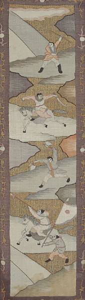 Appraisal: A kesi-woven silk panel depicting a battle scene Late Qing