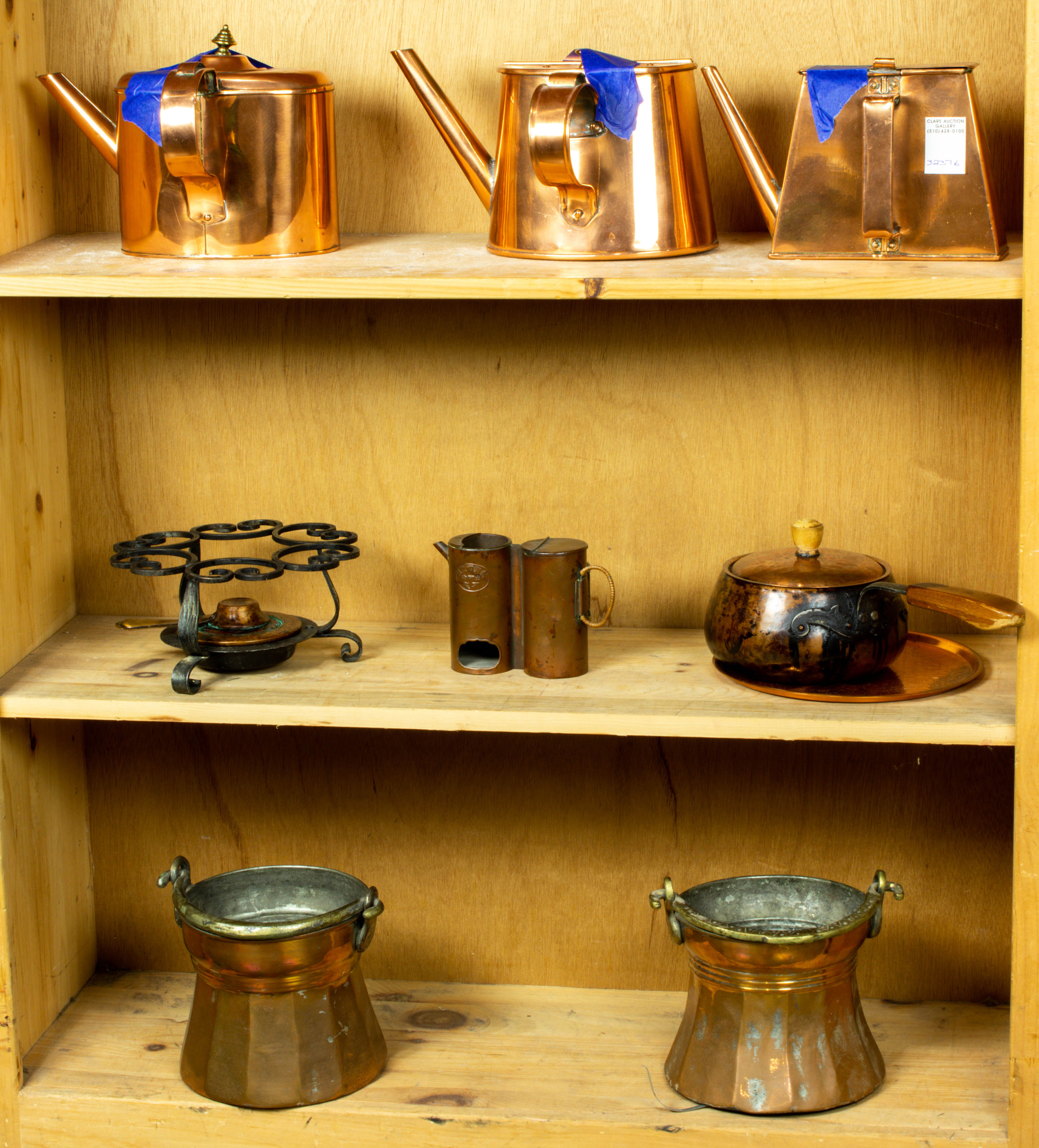 Appraisal: THREE SHELVES OF MOSTLY COPPERWARE POTS AND VESSELS INCLUDING A