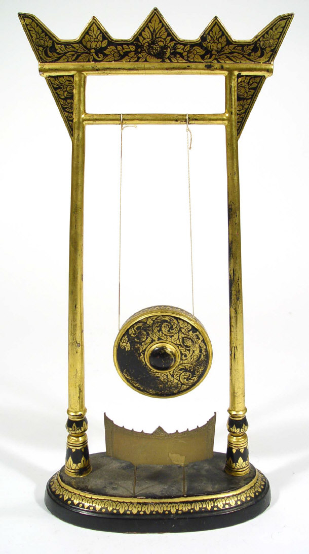 Appraisal: Japanese painted gilt metal table gong on ebonised stand cm