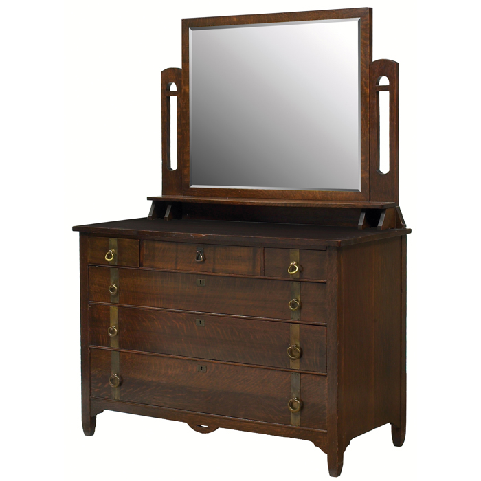 Appraisal: Arts and Crafts dresser with mirror series of drawers with