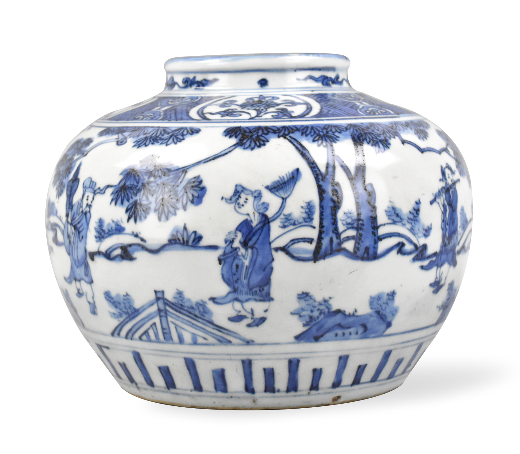 Appraisal: A Chinese wide blue white jar with figures A squat