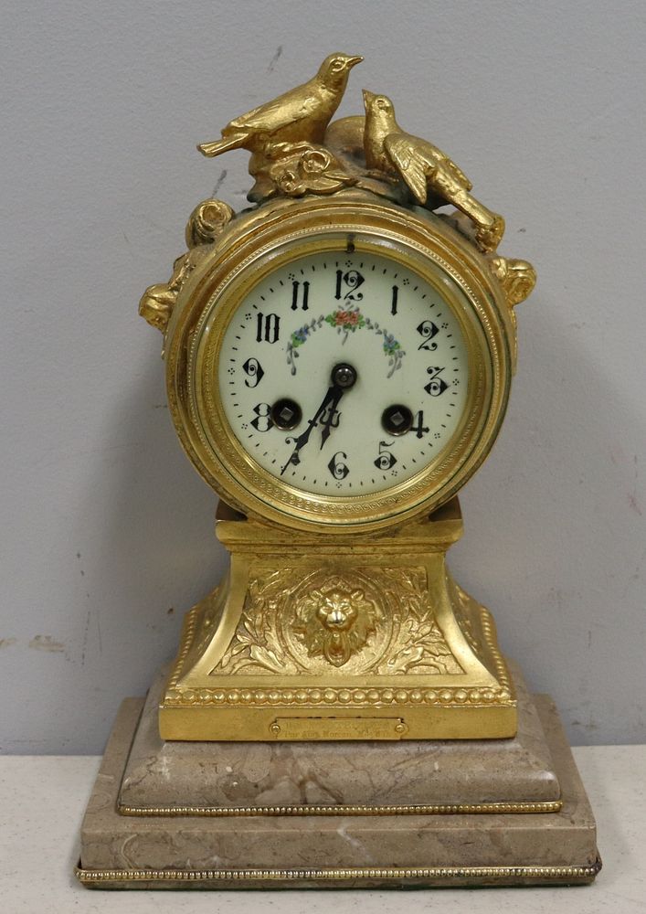 Appraisal: French Gilt Bronze Mantel Clock With Dove Crown Nice original